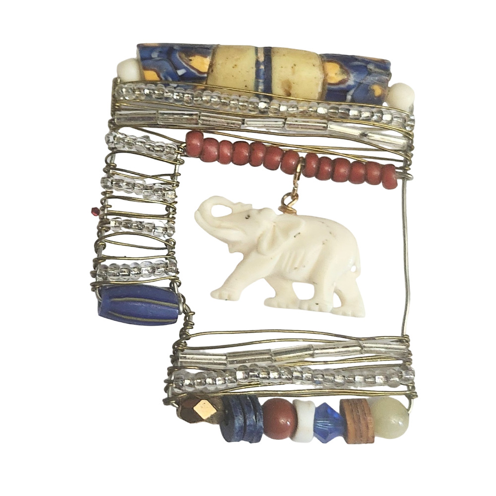 Vtg SJC Faux Ivory African Elephant Beaded Pin Brooch